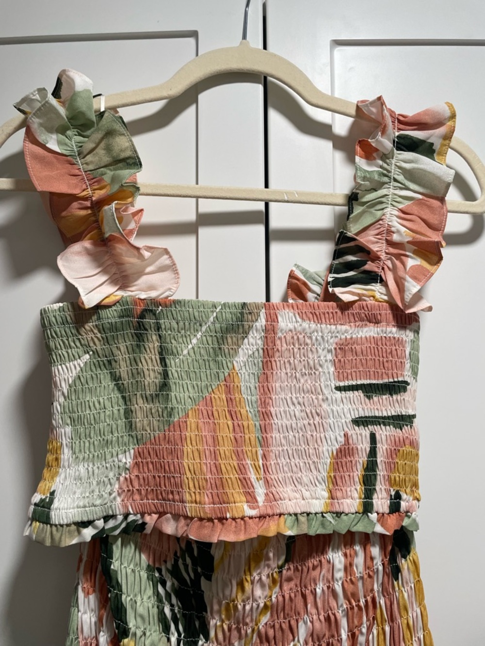 Watercolor Brush Stroke Multicolor Tropical Smocked Ruffle Tiered Maxi Skirt Set - Picture 6 of 14